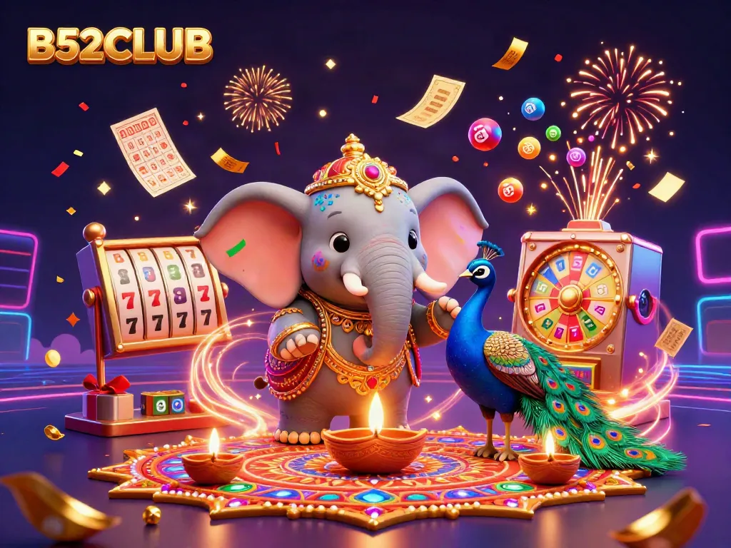 B52CLUB's vibrant 3D casino scene showcases an elephant and peacock amidst slot reels and colorful prize elements.