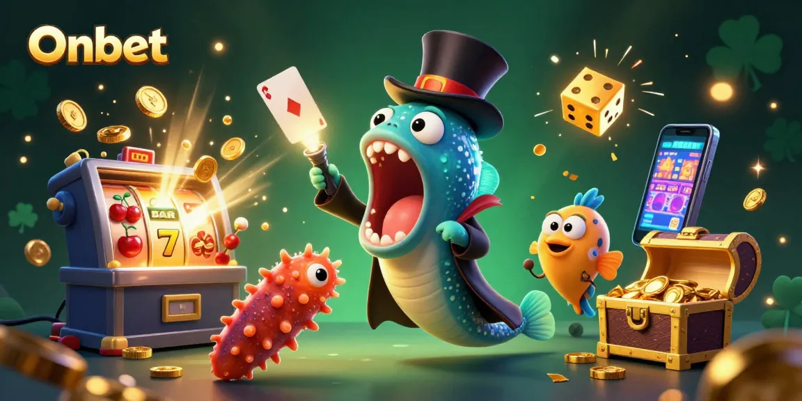 Experience Onbet's vibrant 3D casino illustration with exciting slot machines, glowing symbols, and entertaining sea creatures.