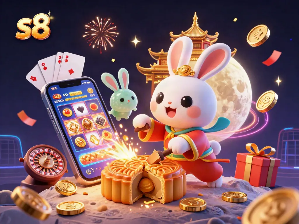 Engage with s8 slot games featuring a 3D moon rabbit and gold poker chips amidst festive elements.