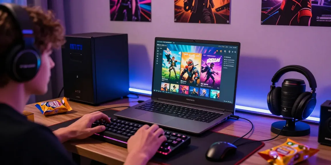 Player exploring b52 online games on laptop amidst vibrant gaming setup.