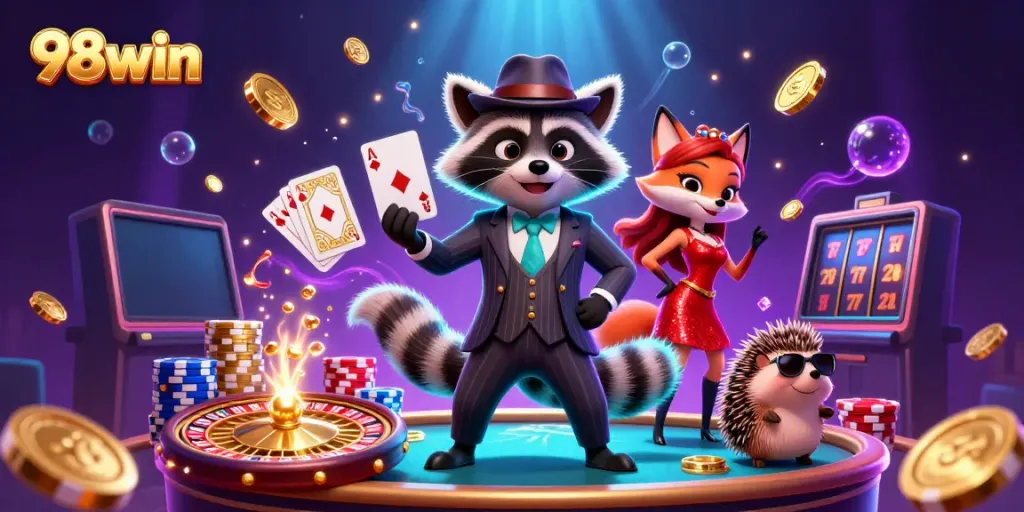 Experience the thrill of 98win with a raccoon holding a royal flush amidst golden coins and gaming excitement.
