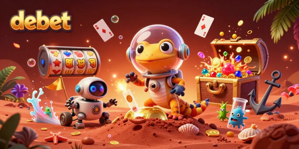 Experience thrilling moments with debet in a vibrant 3D casino scene filled with gold and excitement!