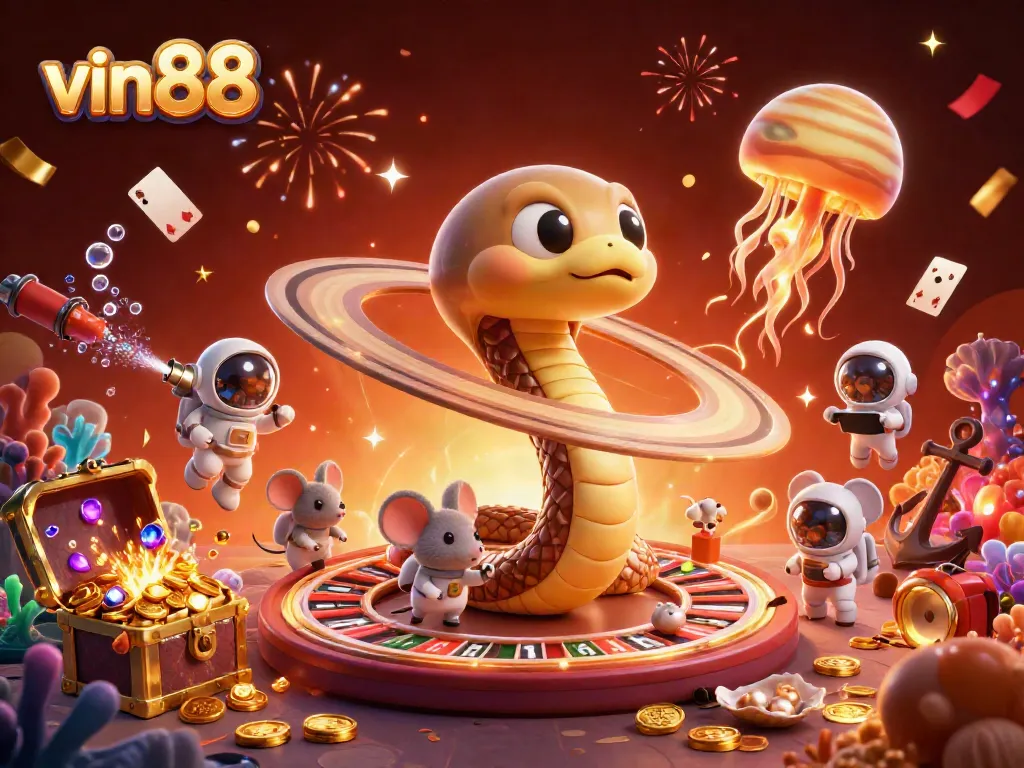 Experience thrilling bets at vin88 with vibrant cosmic casino action featuring colorful characters and gem-filled treasure.