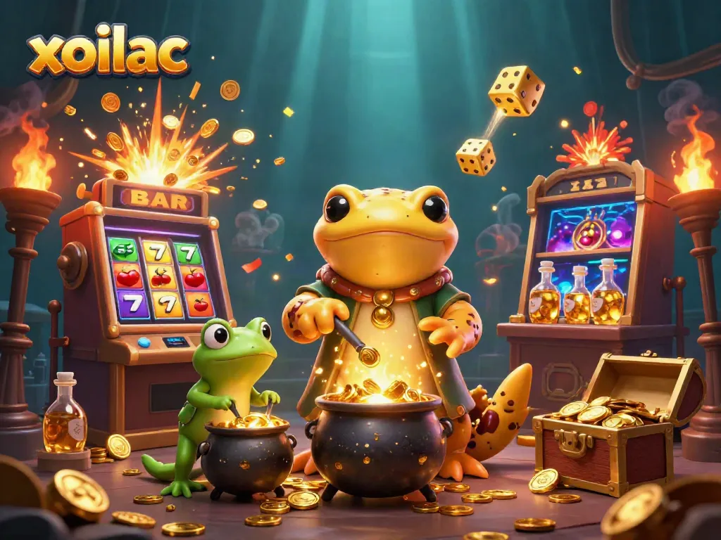 A vibrant scene illustrating xoilac, showcasing a golden salamander alchemist creating gold coins with casino elements around.