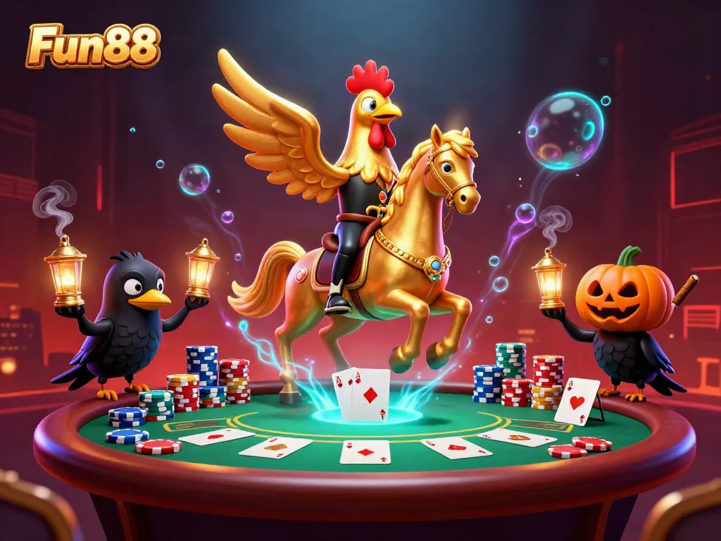 Experience thrilling gameplay with Fun88 as a golden rooster shines in a vibrant casino.