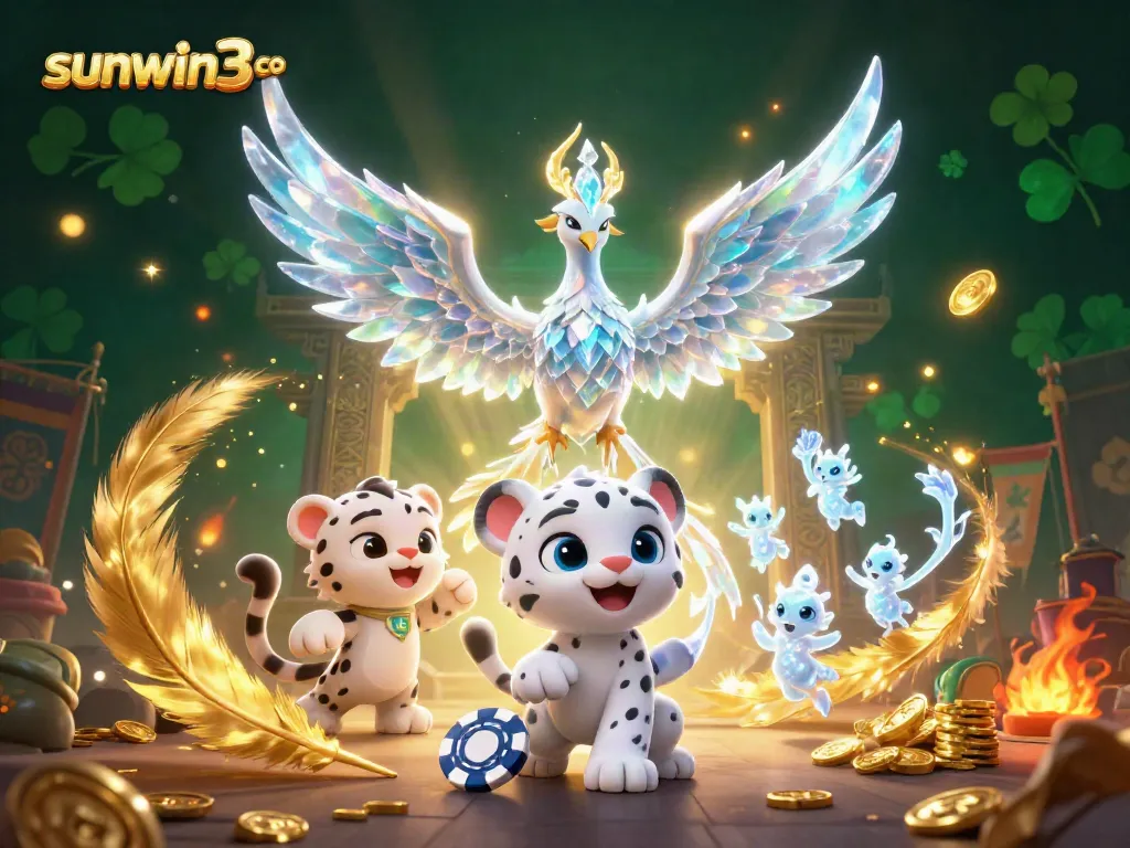 Engage with sunwin3 co's captivating casino scene featuring a dazzling ice phoenix and playful characters.