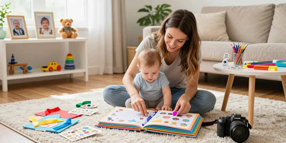 Mama dekoriert ein Babyalbum kaufen mit Stickern und Notizen in einem gemütlichen Wohnzimmer.