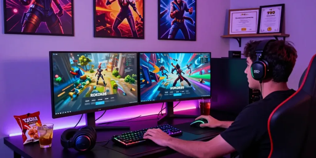 Exciting rokok88 login scene with gamer at desk immersed in online gameplay, vibrant digital atmosphere enhancing engagement.