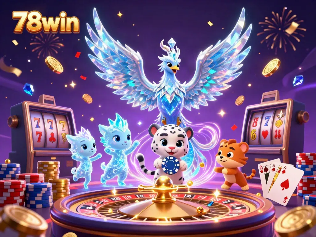 Experience the thrill of 78win with vibrant 3D illustrations featuring a majestic ice phoenix and casino elements.
