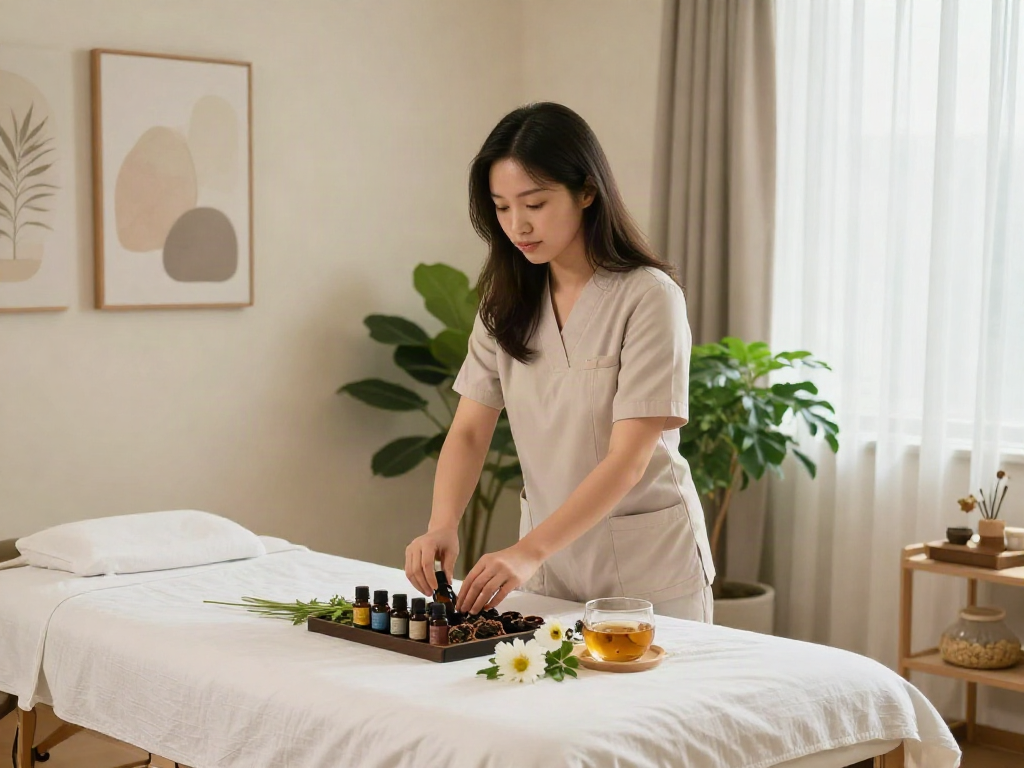 용산출장안마 service setup highlighting a tranquil massage scene with essential oils, calming interior, and a young therapist.