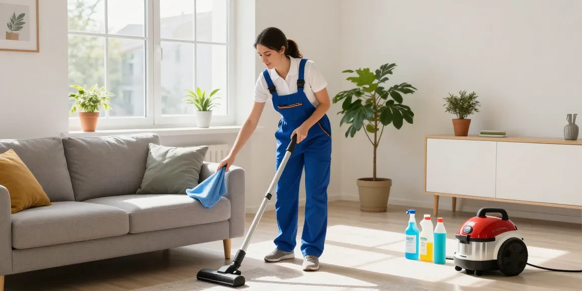 Expert wohnungsreinigung solothurn in a bright living room with a professional cleaner showcasing effective home cleaning.