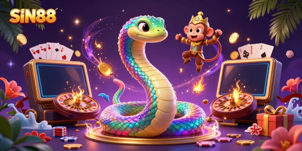Swing into action with SIN88, featuring a vibrant circus of a rainbow serpent and a monkey king amid gaming riches.