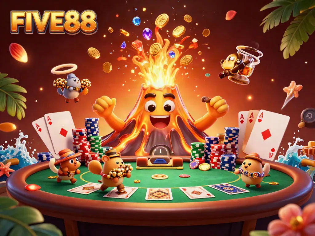 Experience the thrill of FIVE88 with a vibrant illustration of a golden volcano erupting treasure amidst energetic casino elements.