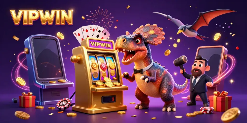 Experience the thrill of VIPWIN as a cartoon pachycephalosaurus triggers a jackpot in a vibrant casino scene.