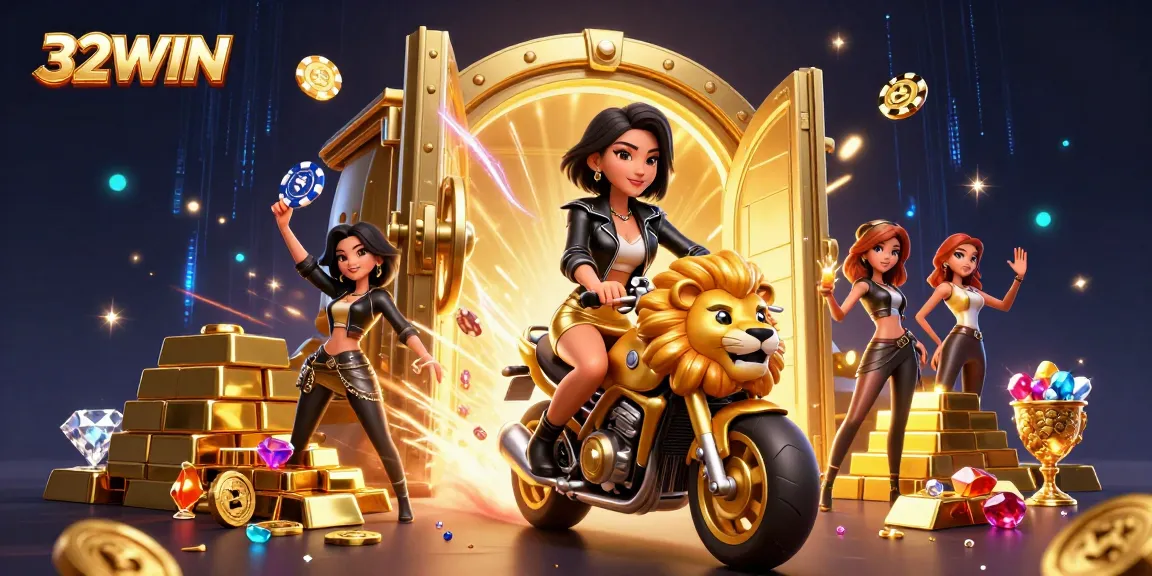 Feel the excitement with 32WIN's vibrant 3D casino illustration featuring a glamorous woman riding a golden lion.