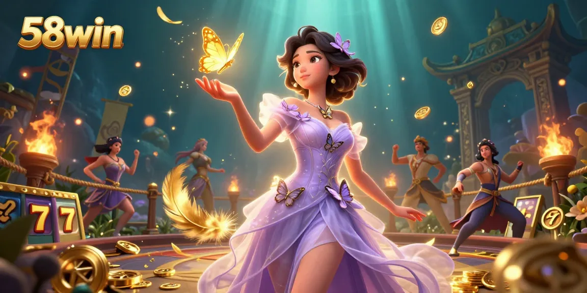 Engage in thrilling gaming with 58win's rich slots, amidst an enchanting casino atmosphere.