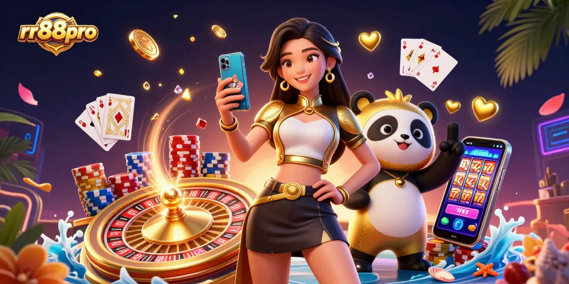 Engage in thrilling online gaming adventures with rr88pro's vibrant 3D illustration showcasing a casino experience.
