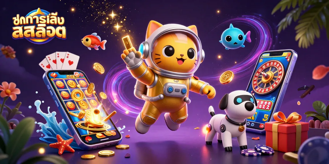 Engage with ทดลองเล่นสล็อต through vivid 3D gaming elements, including slot machines and gold coins.