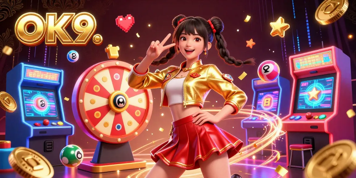 Engage in thrilling games at OK9, featuring vibrant 3D scenes with casino elements and joyful characters.