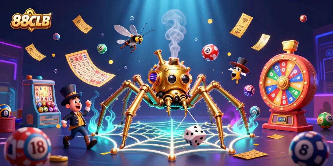 Experience dynamic gambling with 88CLB featuring gold spider and vibrant lottery elements.