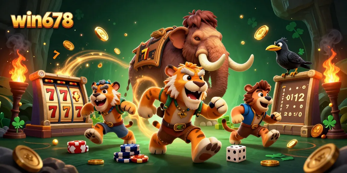 Experience the thrill of win678 with a vibrant prehistoric casino scene filled with slot reels and golden jackpots.