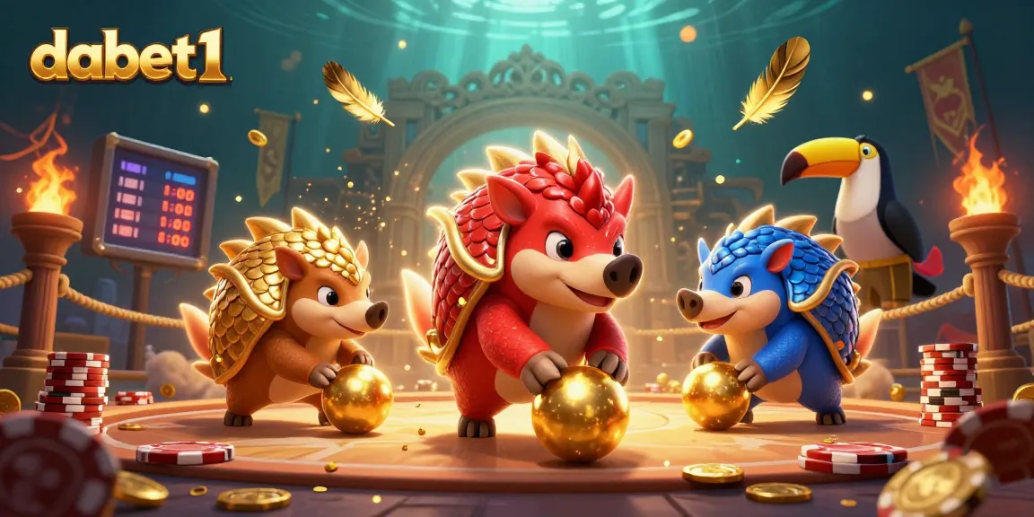 dabet1 pangolins rolling golden balls and bowling poker chips in a vibrant casino scene
