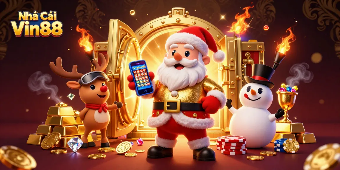 Engaging scene of Nhà Cái Vin88 with Santa Claus and friends enjoying casino gaming and jackpot slots.