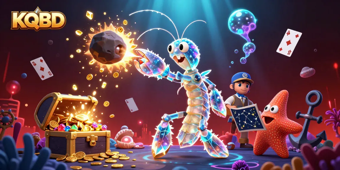 KQBD delivers thrilling sports betting visuals with a galactic mantis shrimp and starfish navigating underwater treasures.
