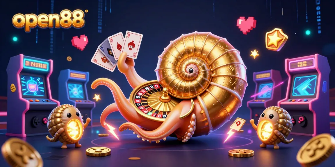 Experience big wins with open88's thrilling 3D casino illustration showcasing a unique nautilus roulette wheel and dynamic game elements.
