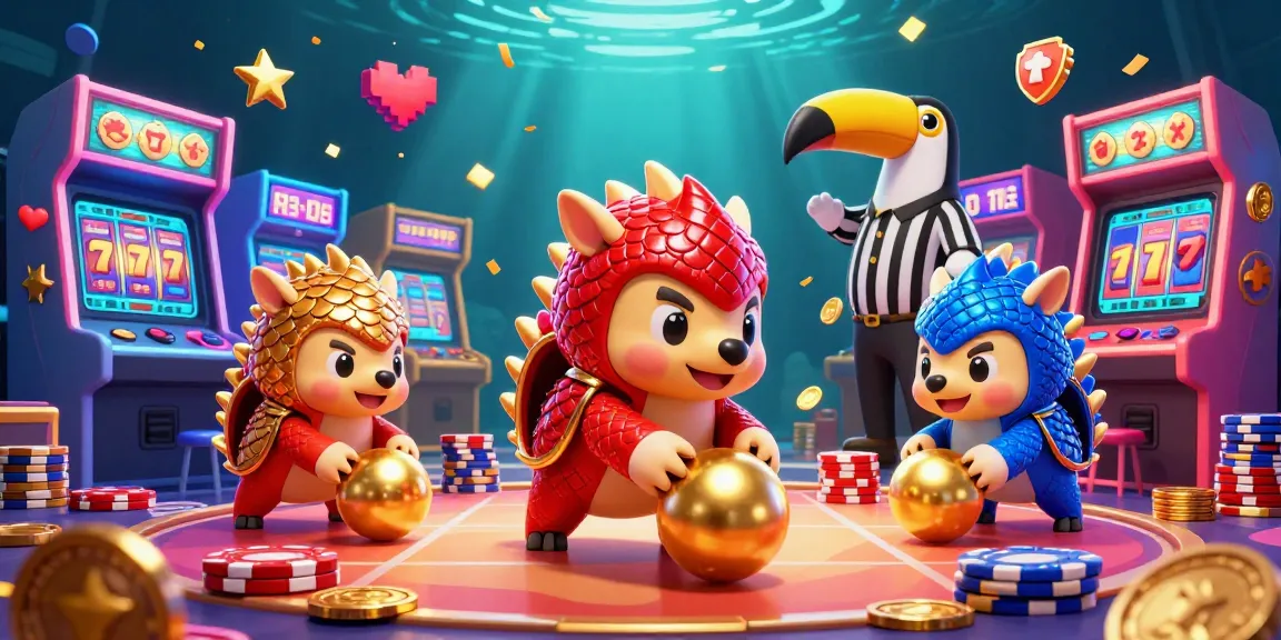 Kuwin pangolins compete in a dynamic casino-themed game scene with vibrant animations and bright colors.