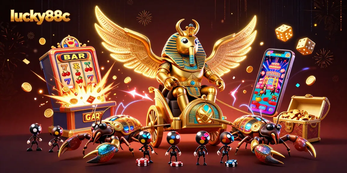 Engage with lucky88c through a vibrant scene of golden scarab beetle and jackpot explosion at the online casino.
