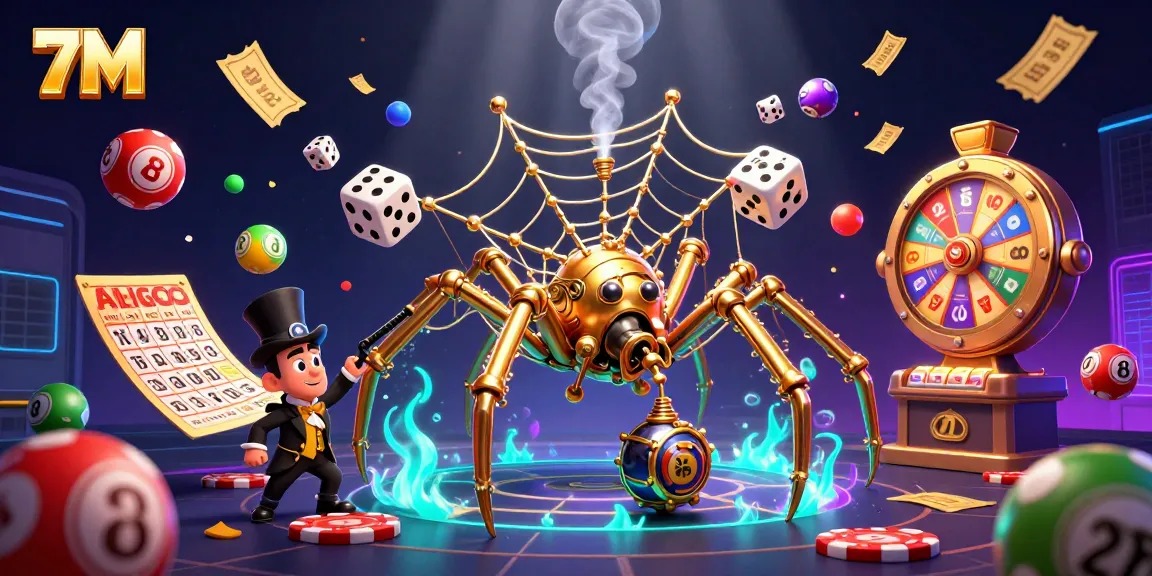 Engage in thrilling games with 7M as the steampunk spider catches reckless dice amidst golden prizes.
