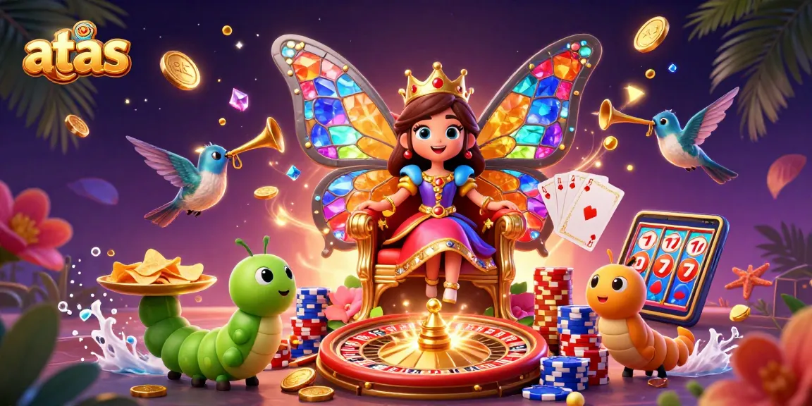 Experience dynamic gaming with atas in this dazzling 3D casino illustration showcasing vibrant characters and elements.