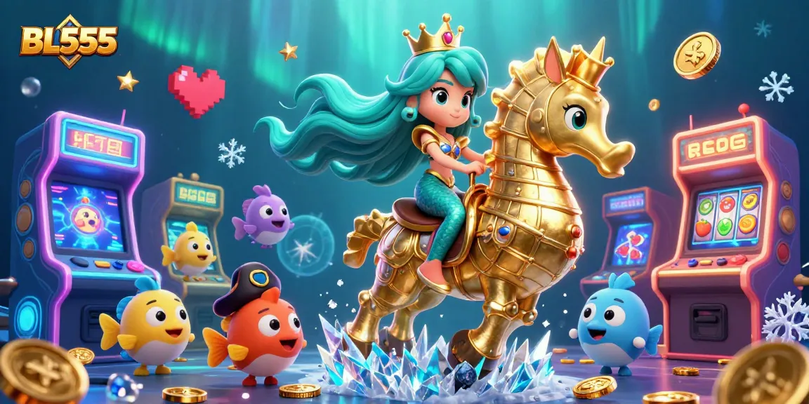 Experience the vibrant world of BL555 with a mermaid riding a seahorse, surrounded by colorful game machines.