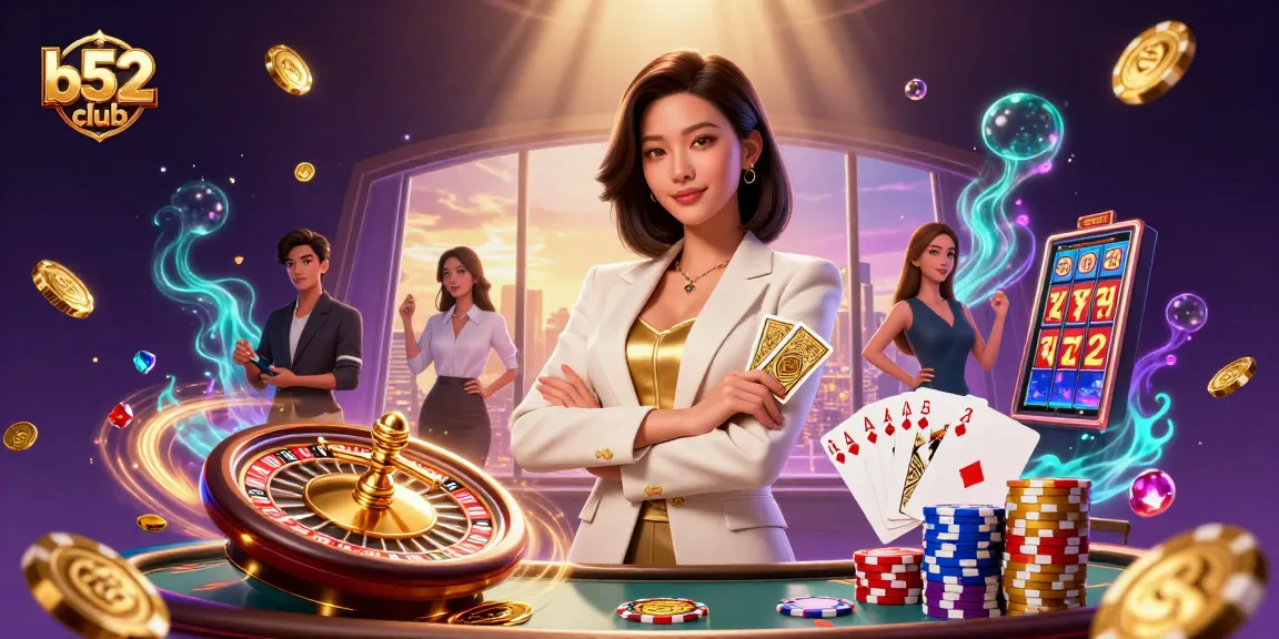B52 Club's powerful woman deals cards amidst glowing casino elements in an action-packed scene.