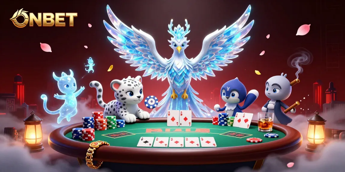 Experience thrilling gameplay at ONBET with a vibrant, ice-themed casino scene featuring poker elements.
