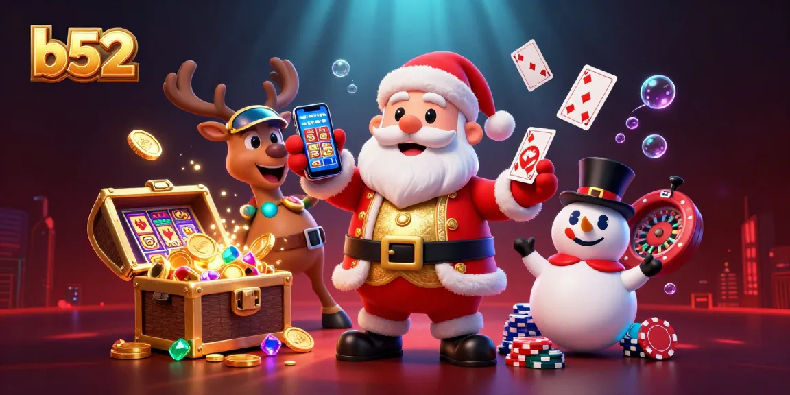 Experience exciting games at b52 with a friendly Santa and his companions, showcasing vibrant casino elements.