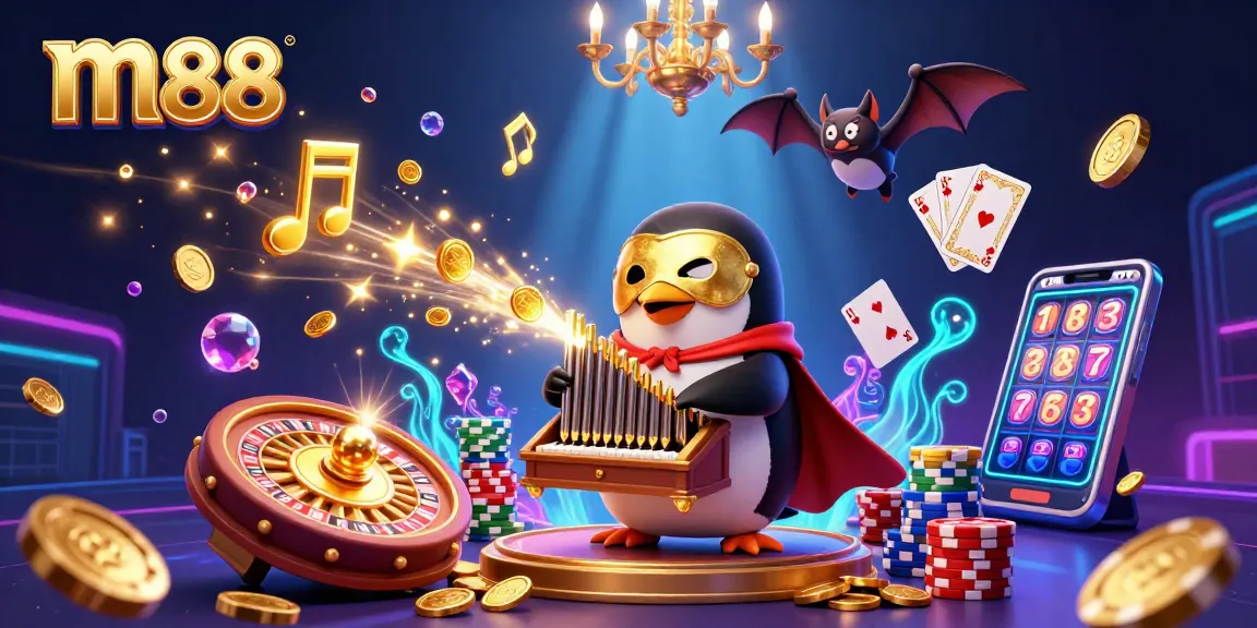 Join the m88 experience with a whimsical penguin and bat acrobat amidst falling coins and gaming excitement.