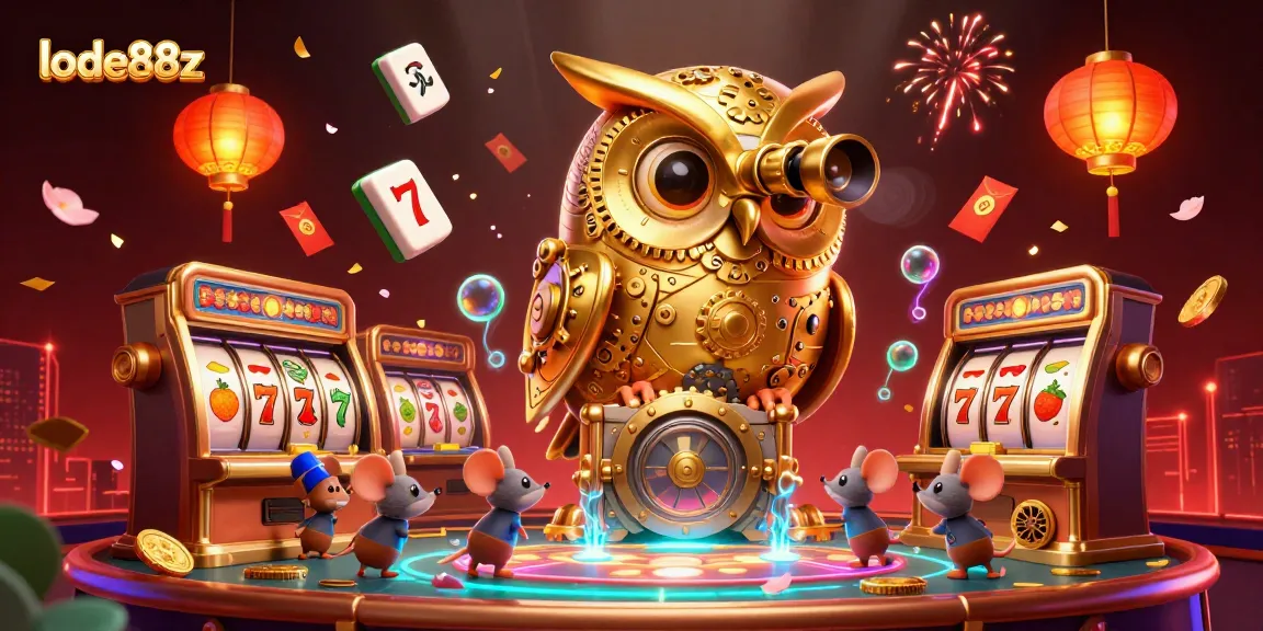 Engage in thrilling gameplay at lode88z featuring a golden owl surveying a vibrant casino scene filled with slot machines.