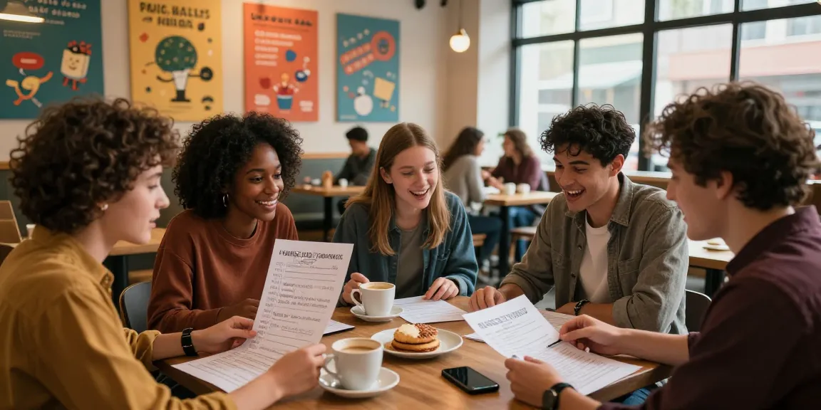 Friends enjoying a lively quiz session at a café, testing their Quiz Allgemeinwissen skills together.