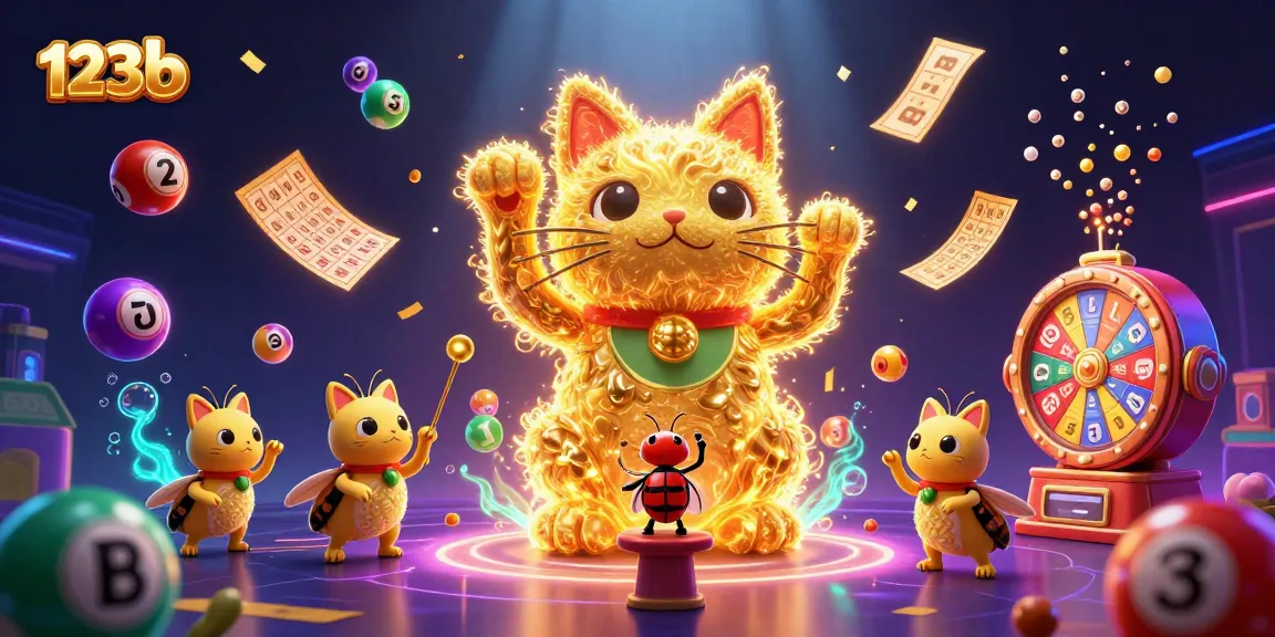 Engage in thrilling games at 123b, featuring a vibrant lucky cat and dynamic lottery elements