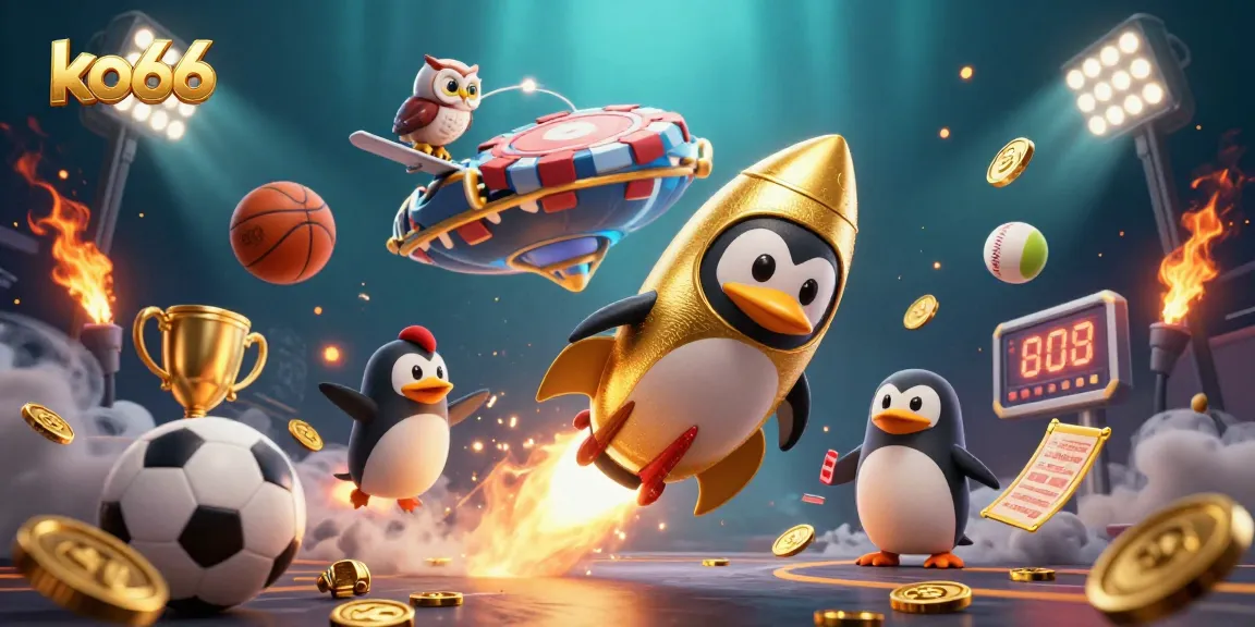 Engage in thrilling gameplay at ko66 with an exciting 3D illustration of a penguin soaring towards a casino station.