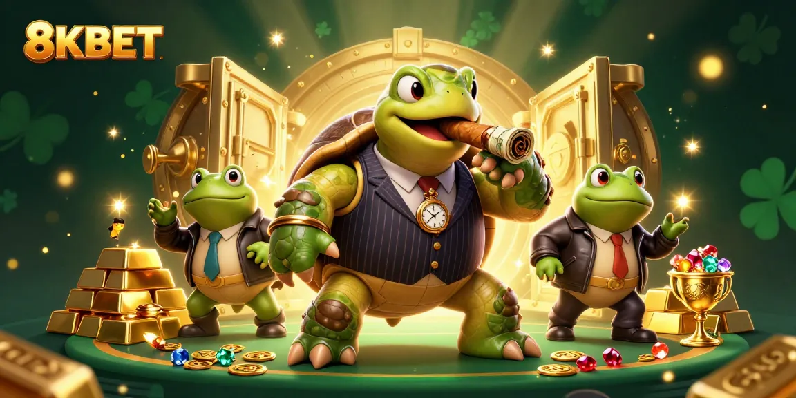 Experience excitement at 8KBET with a vibrant casino scene featuring a snapping turtle and bullfrogs.