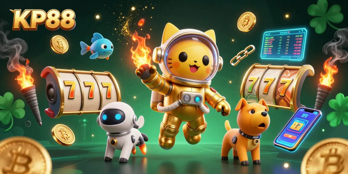 Win big at KP88 with a dynamic casino scene featuring cartoon characters, glowing crypto coins, and exciting slot elements.