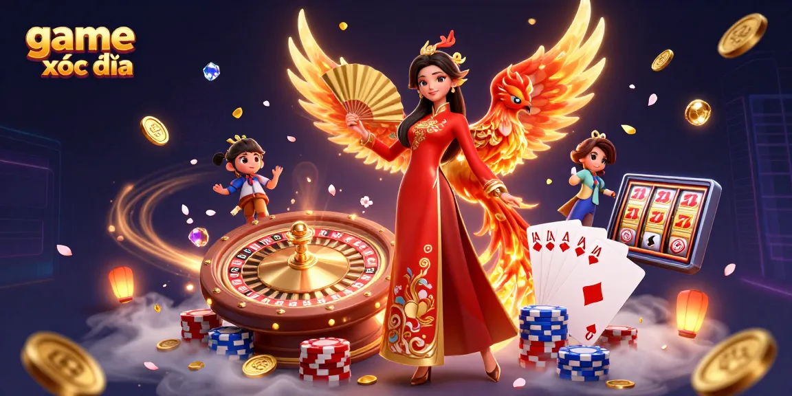 Experience the thrilling game xóc đĩa with swirling coins, cards, and vibrant animations in this stunning scene.