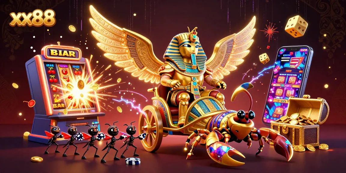 Experience excitement at xx88 with a 3D slot machine, golden scarab, and bursting jackpot coins!