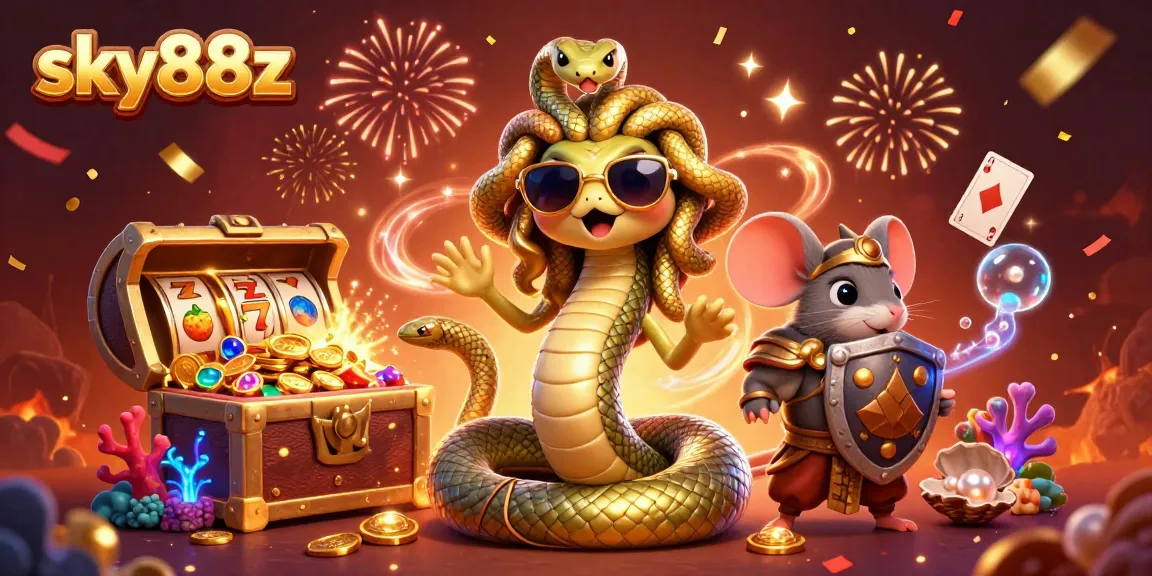 Play slots with sky88z featuring Medusa and a warrior mouse amid gold coins and floating cards.