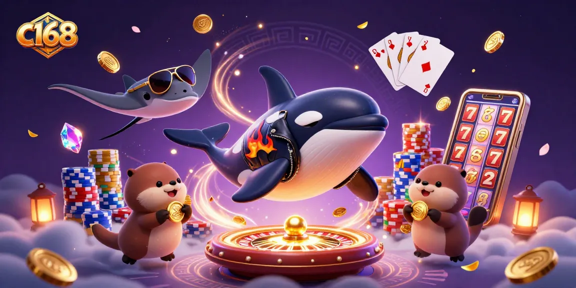 Experience the thrill at c168 with 3D casino characters in a vibrant gaming scene.