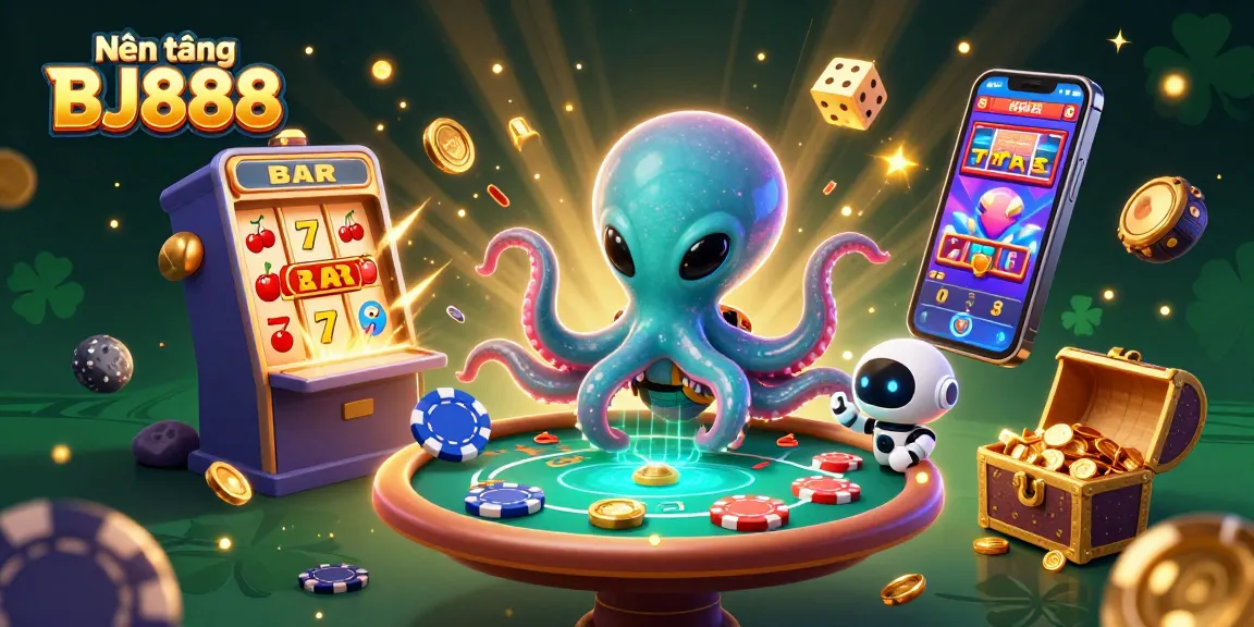 Engage with Nền tảng BJ888 through a vibrant, animated casino scene with a 3D cartoon alien octopus.