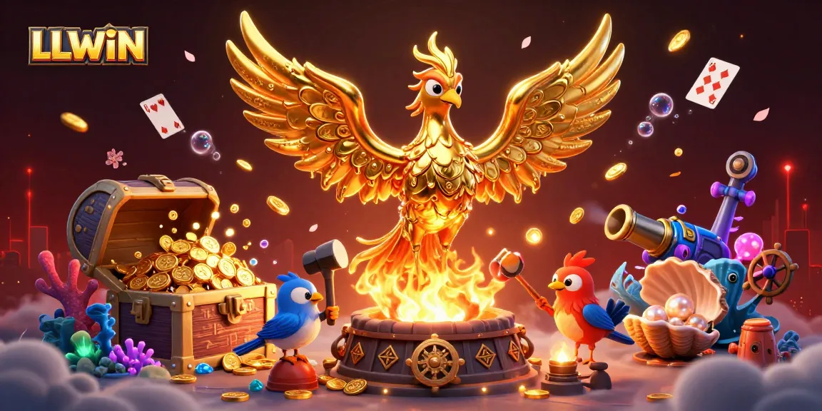 LLWIN features a molten gold phoenix amidst vibrant casino elements, showcasing thrilling gaming adventures.